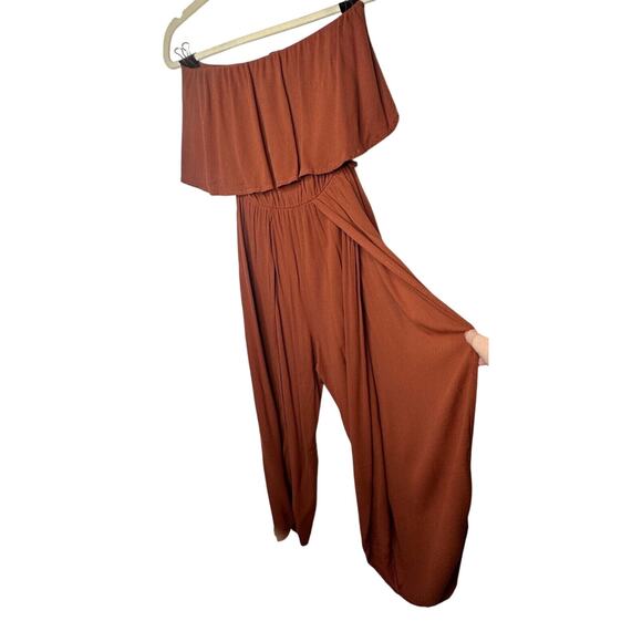 ANGL Pants - Angl Rust Bronze Brown Bandeau Ruffle Off-Shoulder Harem Slit Pant Jumpsuit SM